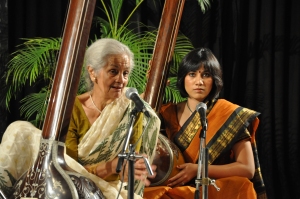 Himani Dalmia accompanying her guru Vidushi Malti Gilani on stage during a Sabrang Utsav performance in New Delhi.